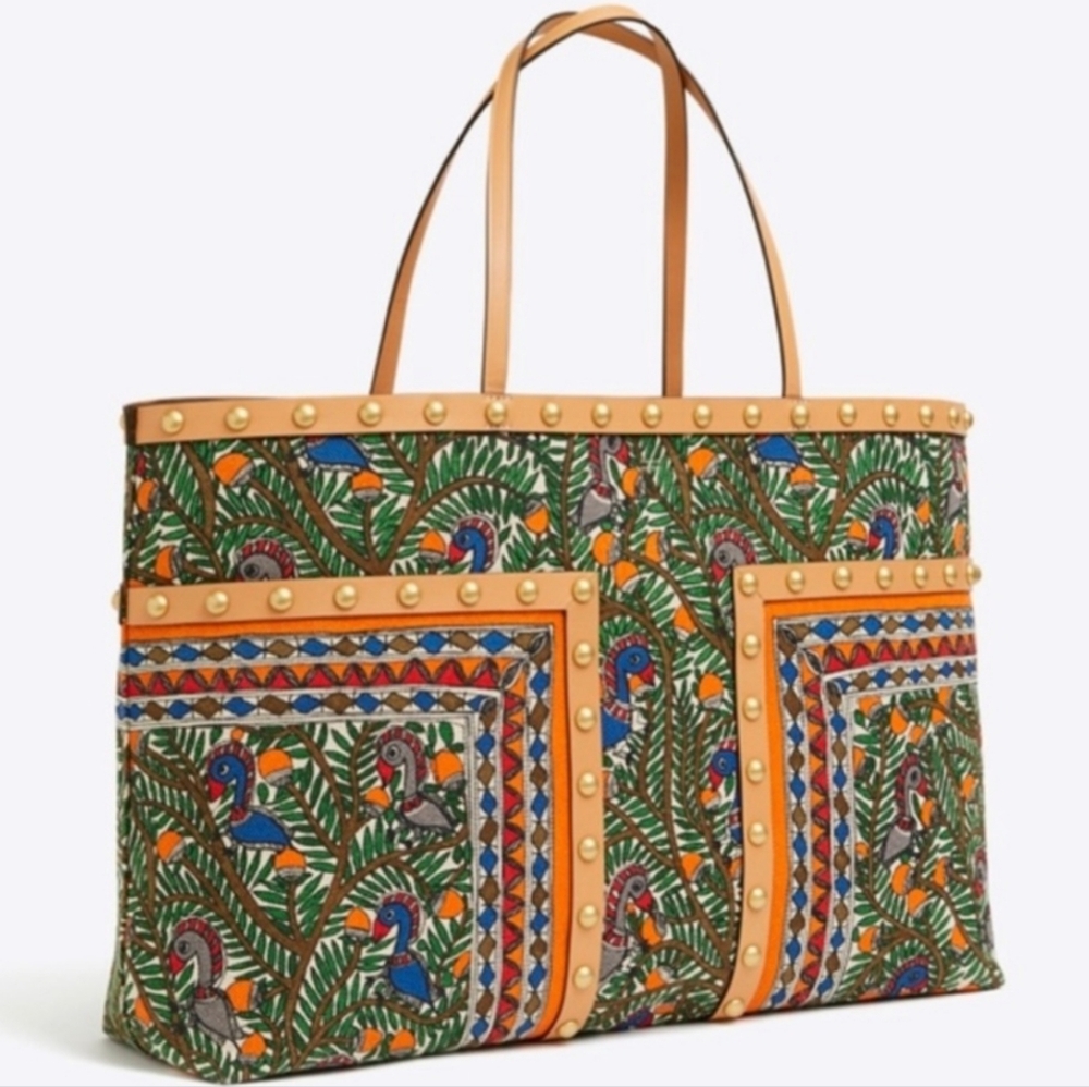 Rare HTF Tory Burch Block T Studded Printed Tote with Pouch
